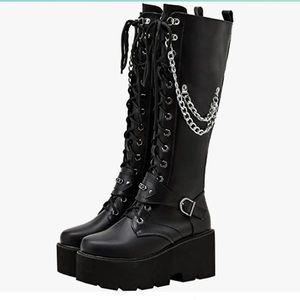 Women's Knee High Goth Platform Buckle Boots Chunky High Heel